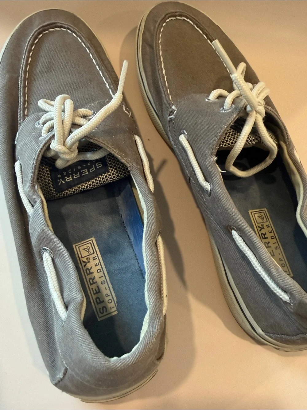 Sperry Taupe Canvas Boat Shoes with White Laces Size 12